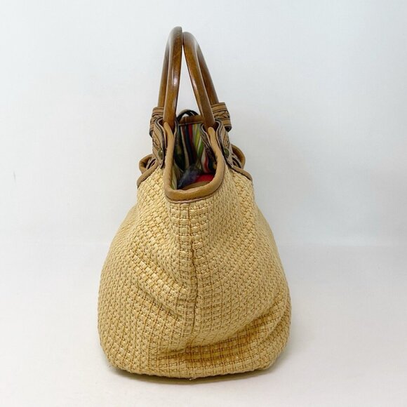 Vintage Fossil Tan Woven Straw Wood Handles Small Satchel Tote Bag Y2K 90’s Boho - Picture 4 of 10